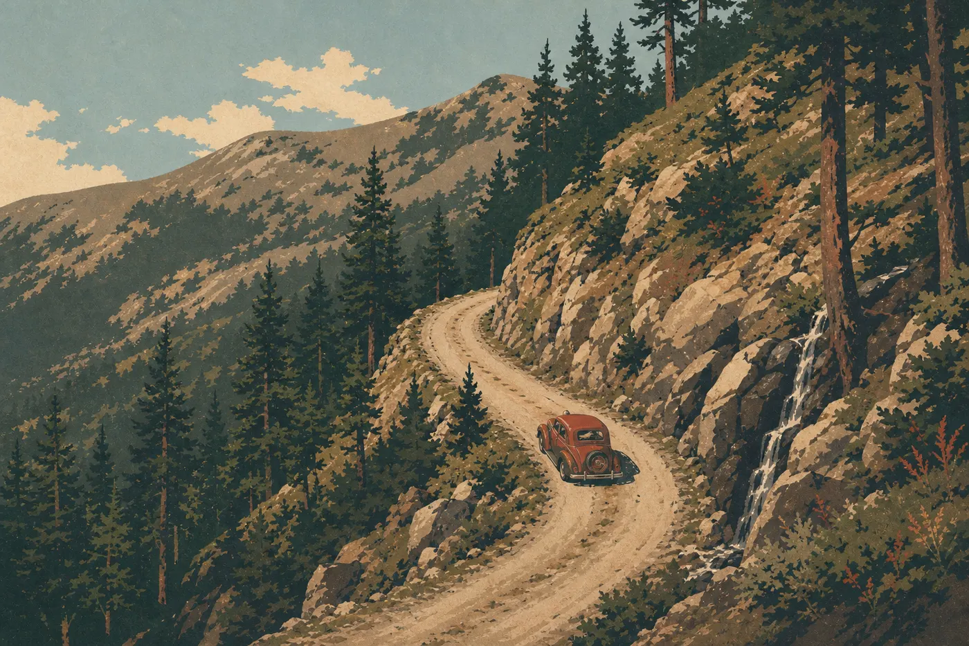 Screen-printed illustration: A car climbs narrow Old Fall River Road between subalpine forest, waterfalls, and steep slopes.