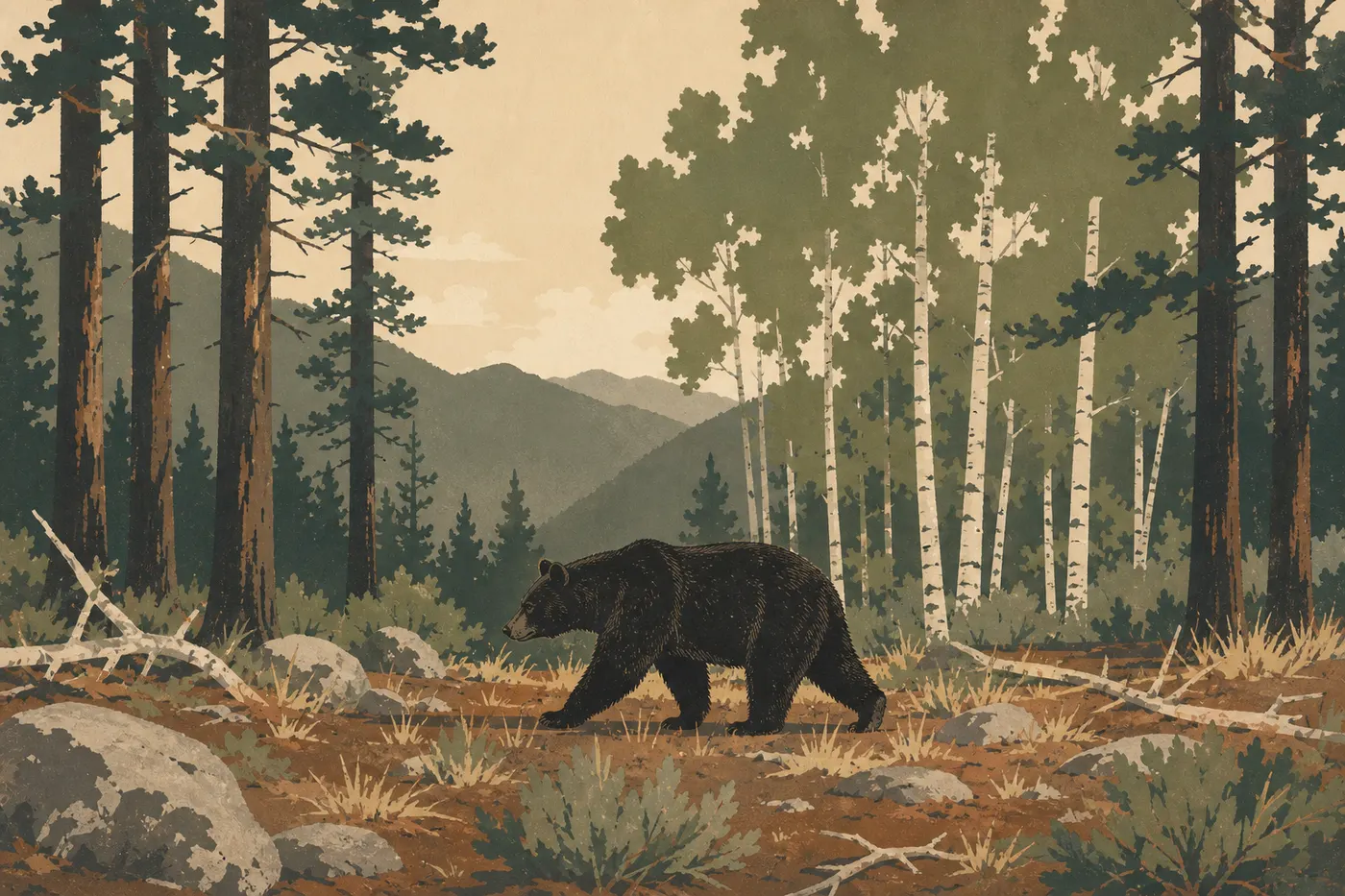 Screen-printed illustration: A black bear crosses a clearing lined with pines and aspens on the park's eastern slope.
