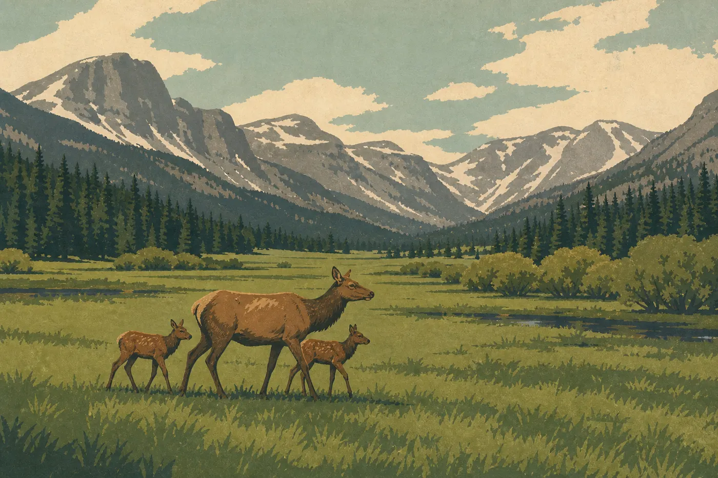 Screen-printed illustration: An elk cow and her young cross a greened-up meadow in Moraine Park after the snow melts.