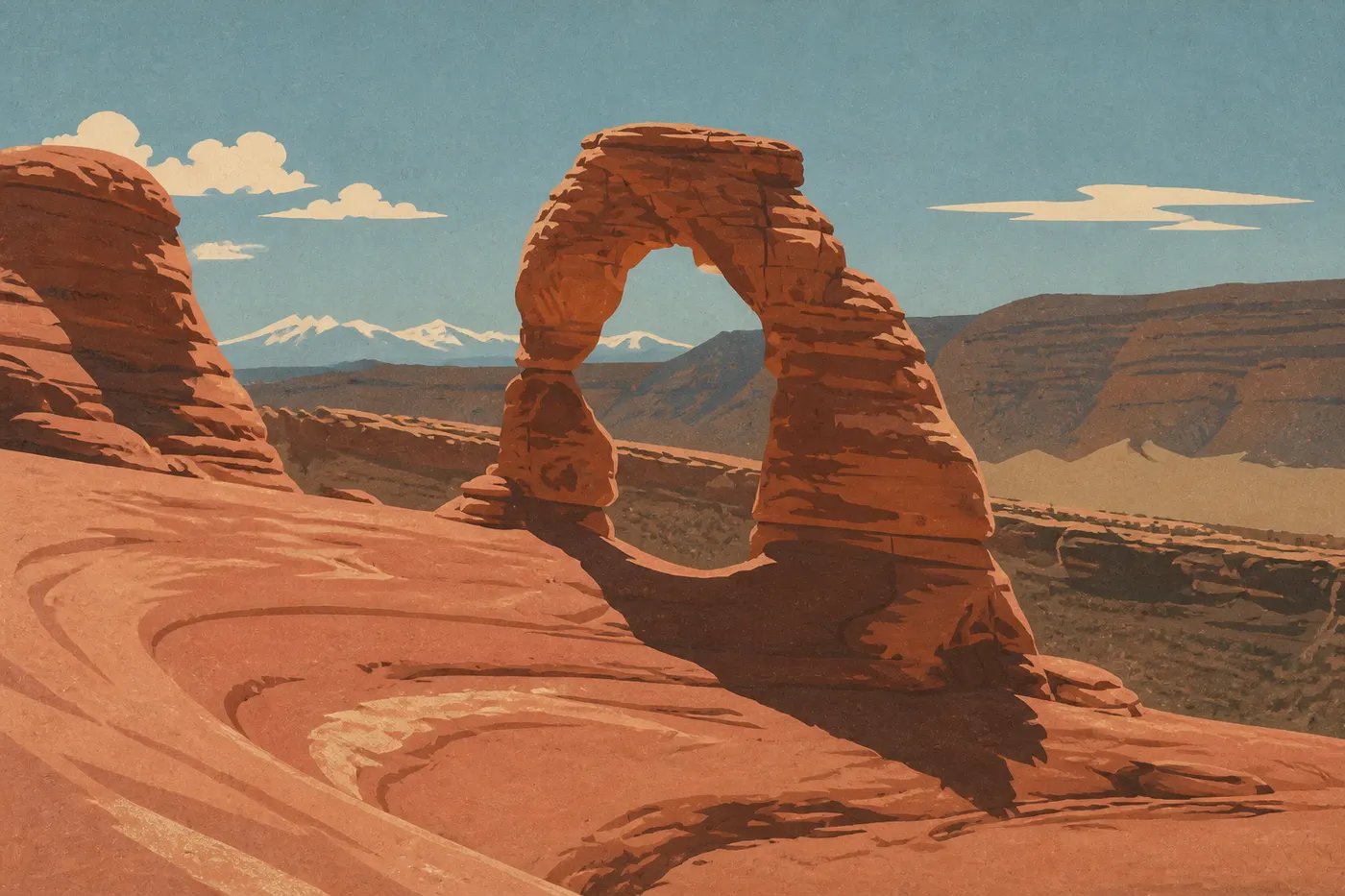 Delicate Arch se dresse seule, les montagnes de La Sal dans son cadre, Arches.