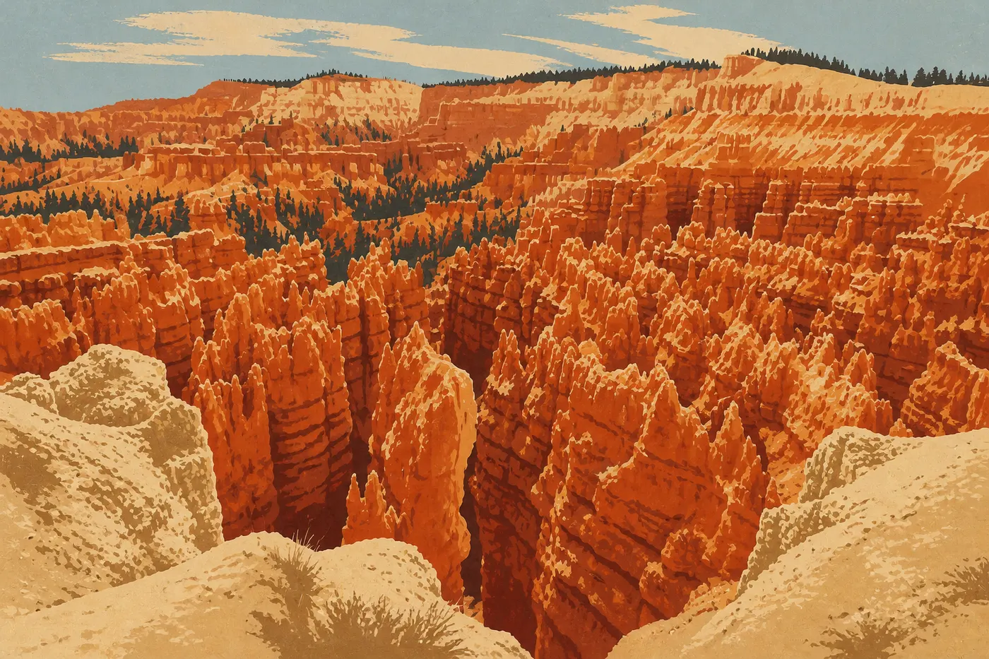 L’amphithéâtre de Bryce Canyon depuis Sunset Point, ses hoodoos de calcaire orange au couchant.