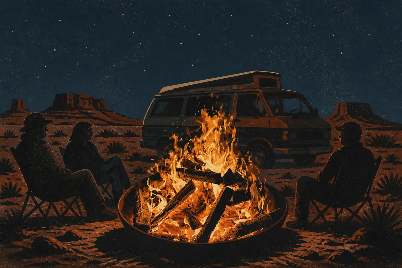Le camp au coin du feu, sous les étoiles du désert, une fois la génératrice coupée.