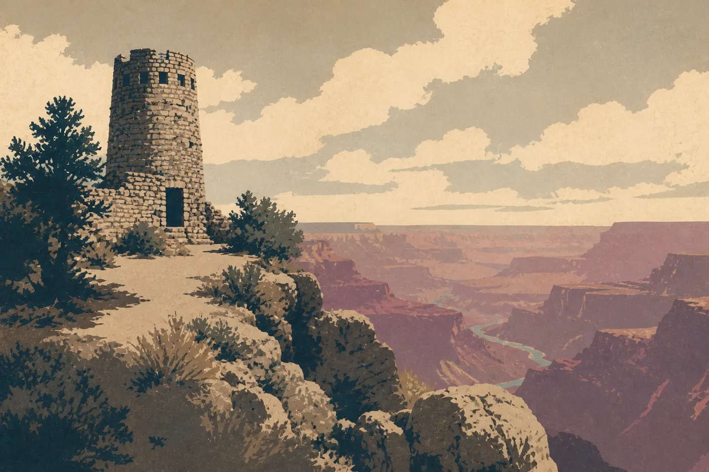 La Desert View Watchtower domine la première vue du gouffre, Grand Canyon, rive sud.