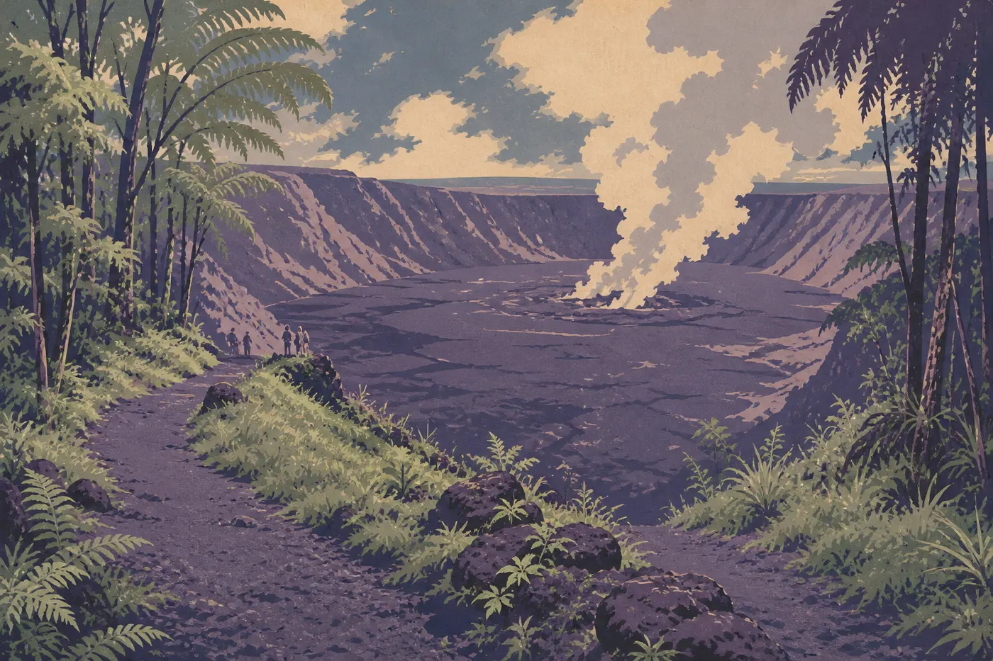 Le cratère de l’Halemaʻumaʻu au sommet du Kilauea, parc national de Hawaiʻi Volcanoes.