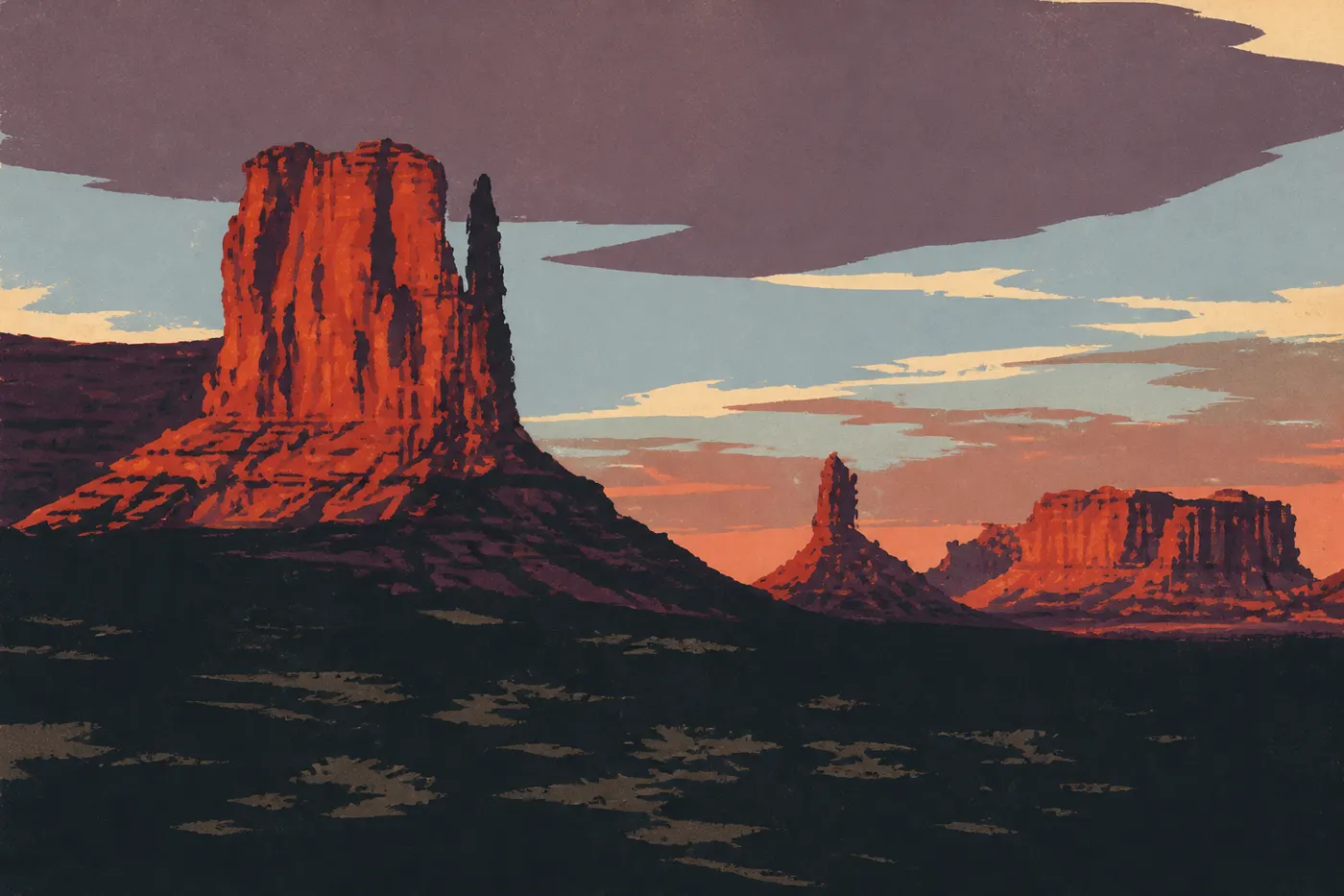 La West Mitten et la East Mitten au couchant, Monument Valley.