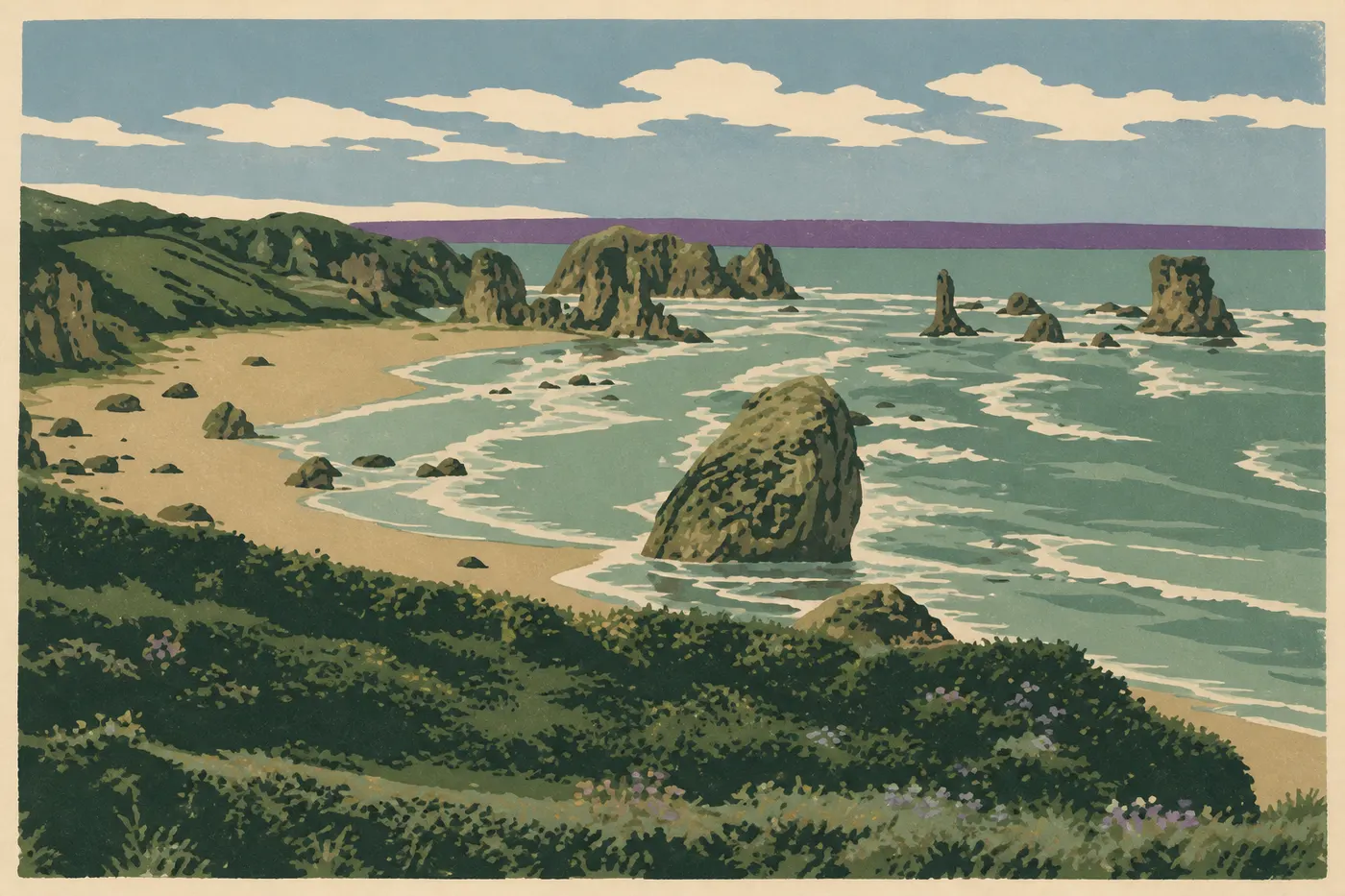 Les sea stacks de Bandon devant Face Rock, au coucher du soleil.