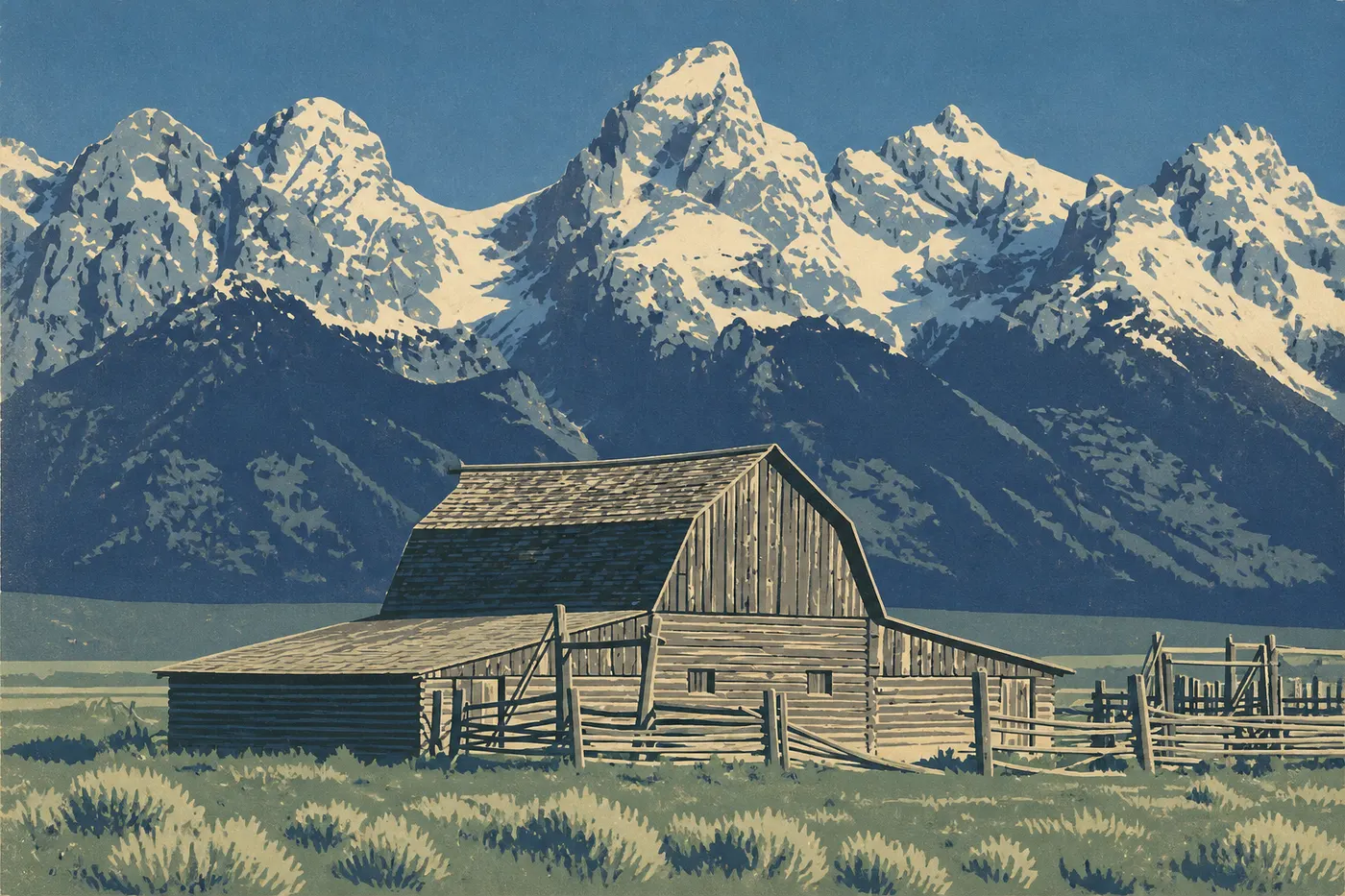 Les granges de Mormon Row sur fond de Teton, vestiges des colons de Jackson Hole.