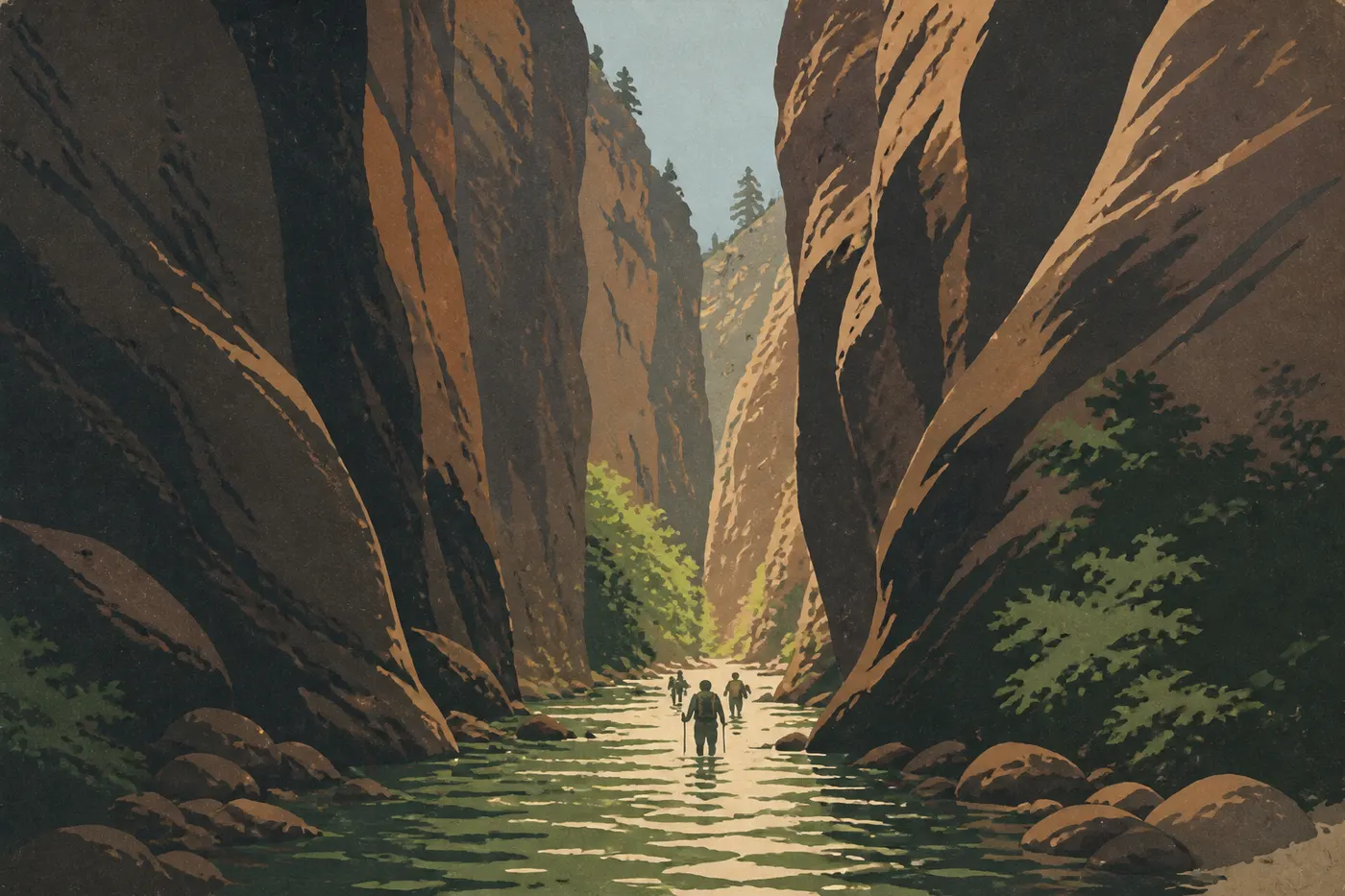 Les Narrows remontent la Virgin River entre des murs qui cachent le soleil, Zion.