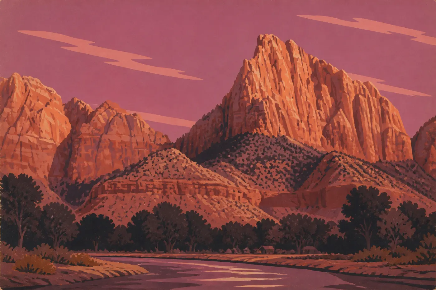 La tour du Watchman s’embrase au couchant, au-dessus du campground de Zion.