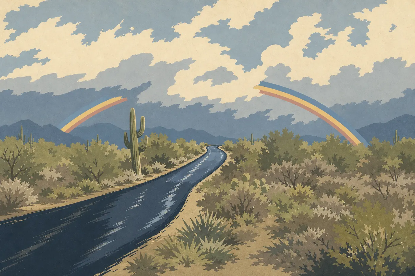 Screen-printed illustration: Cactus Forest Drive winds among saguaros before the formations of the Rincon Mountains.