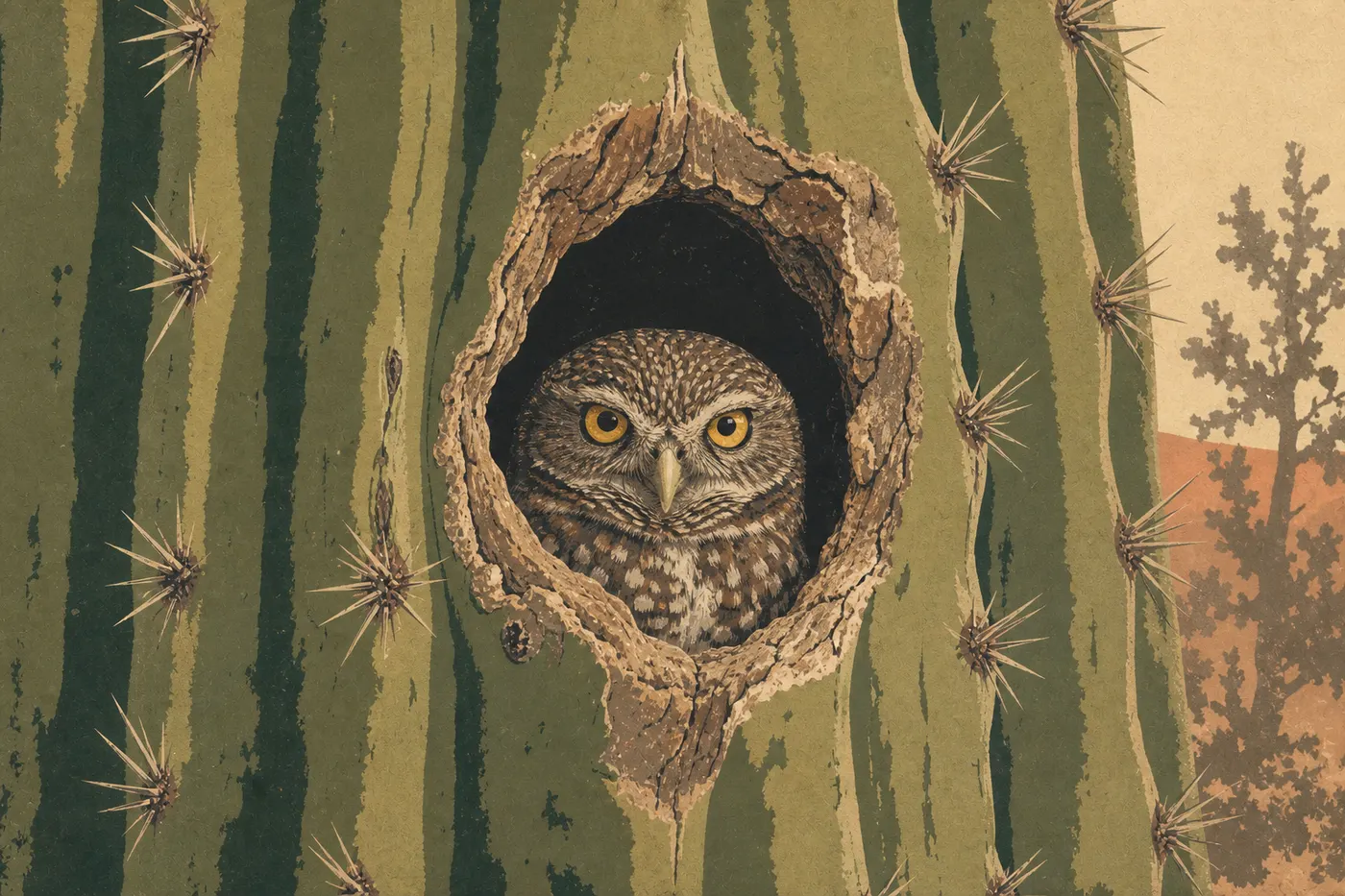 Illustration sérigraphiée : Une minuscule chouette elfe observe le désert depuis une ancienne cavité creusée dans un saguaro.