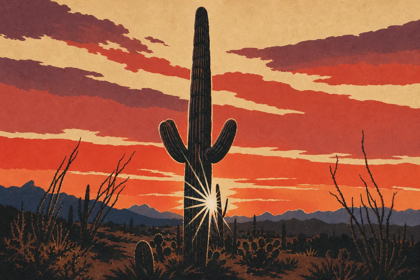 Illustration sérigraphiée : Des saguaros en silhouettes se détachent sur un coucher de soleil rouge du désert de Sonora.