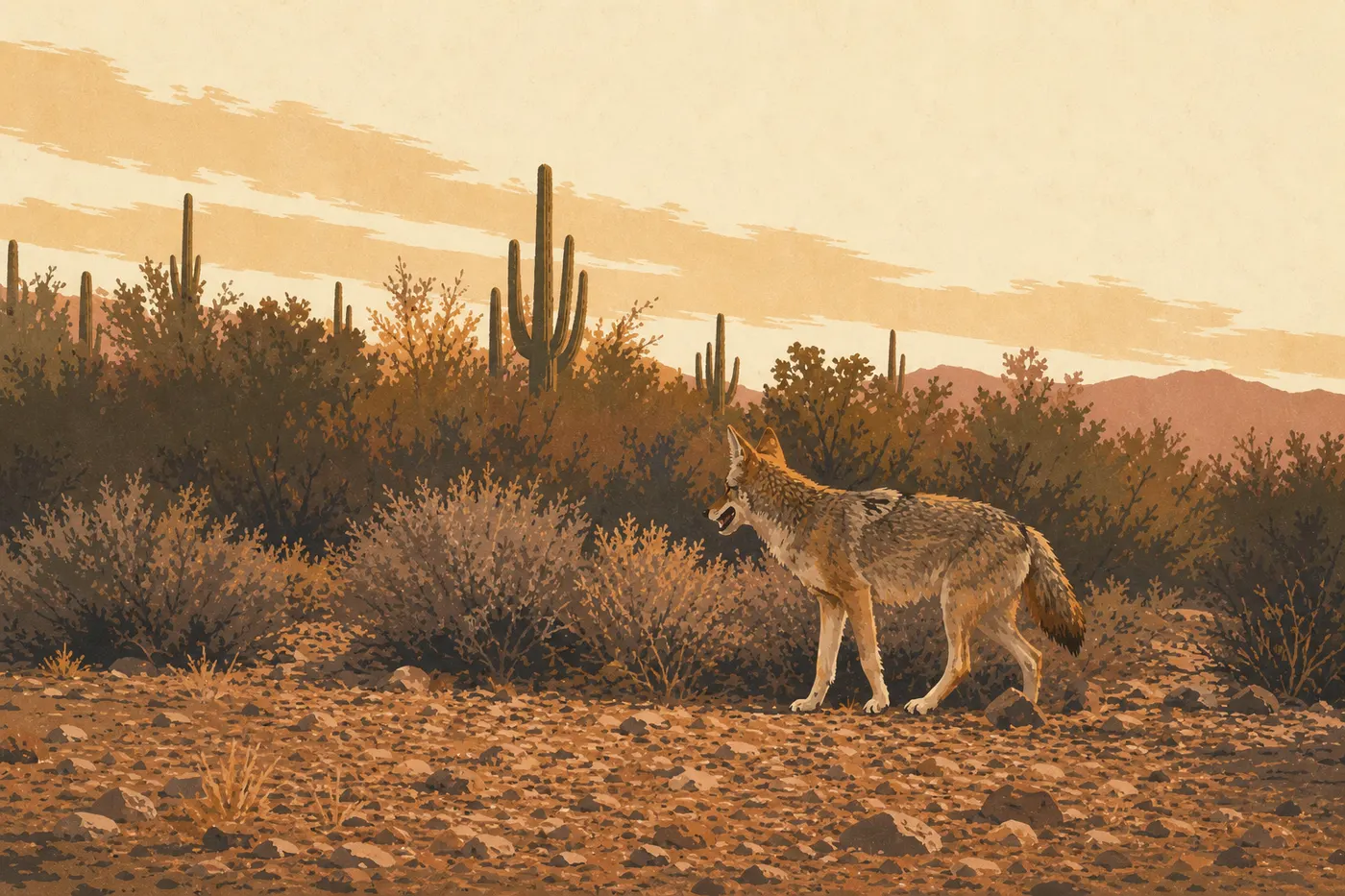 Illustration sérigraphiée : Un coyote solitaire longe une forêt de saguaros dans la lumière dorée du petit matin.