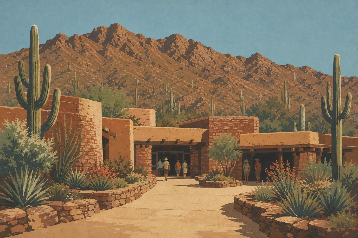 Illustration sérigraphiée : L’entrée de l’Arizona-Sonora Desert Museum apparaît au pied des Tucson Mountains couvertes de cactus.