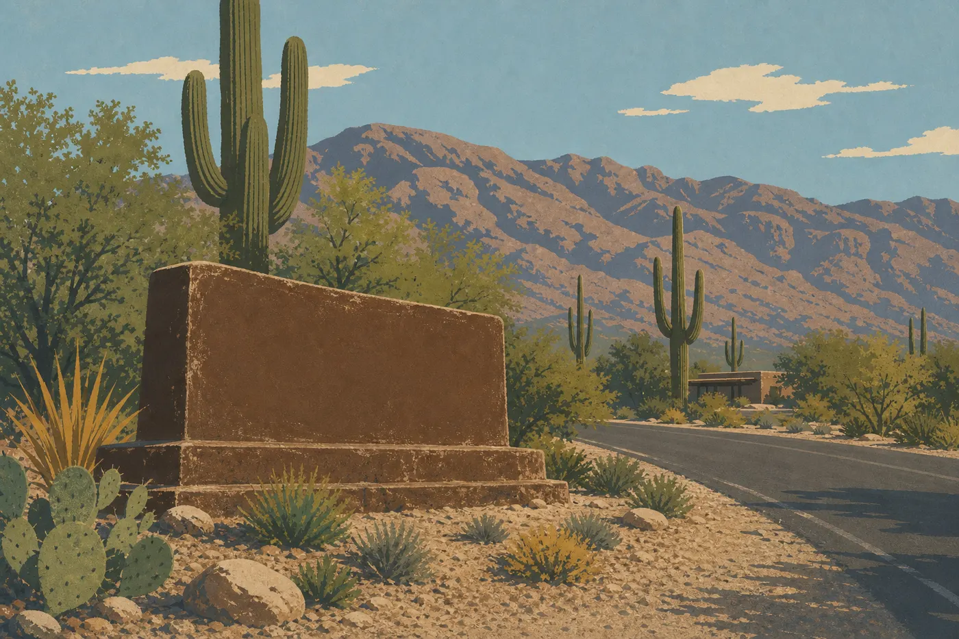 Illustration sérigraphiée : Le panneau d’entrée du district Rincon accueille les visiteurs près de l’Old Spanish Trail.
