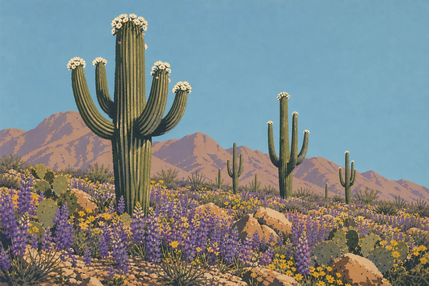 Illustration sérigraphiée : Des saguaros en fleurs dominent les lupins et fleurs sauvages printanières du district Ouest.