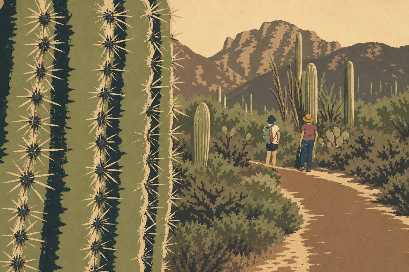 Illustration sérigraphiée : Le Hugh Norris Trail grimpe sur une crête rocheuse parmi les saguaros des Tucson Mountains.