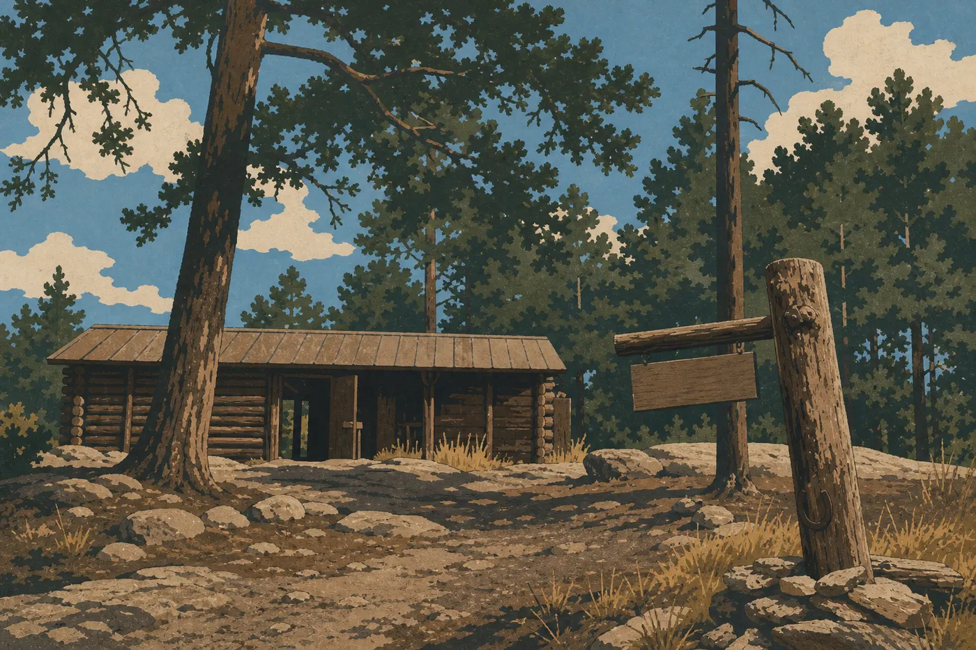 Illustration sérigraphiée : Les bâtiments rustiques de Manning Camp apparaissent sous les pins des hautes Rincon Mountains.