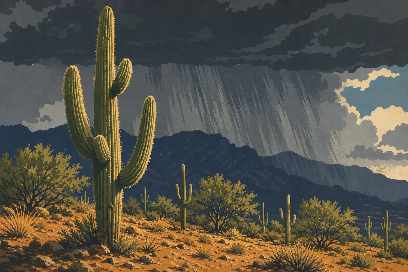 Illustration sérigraphiée : Un puissant orage de mousson obscurcit les Rincon Mountains derrière des saguaros éclairés par le soleil.