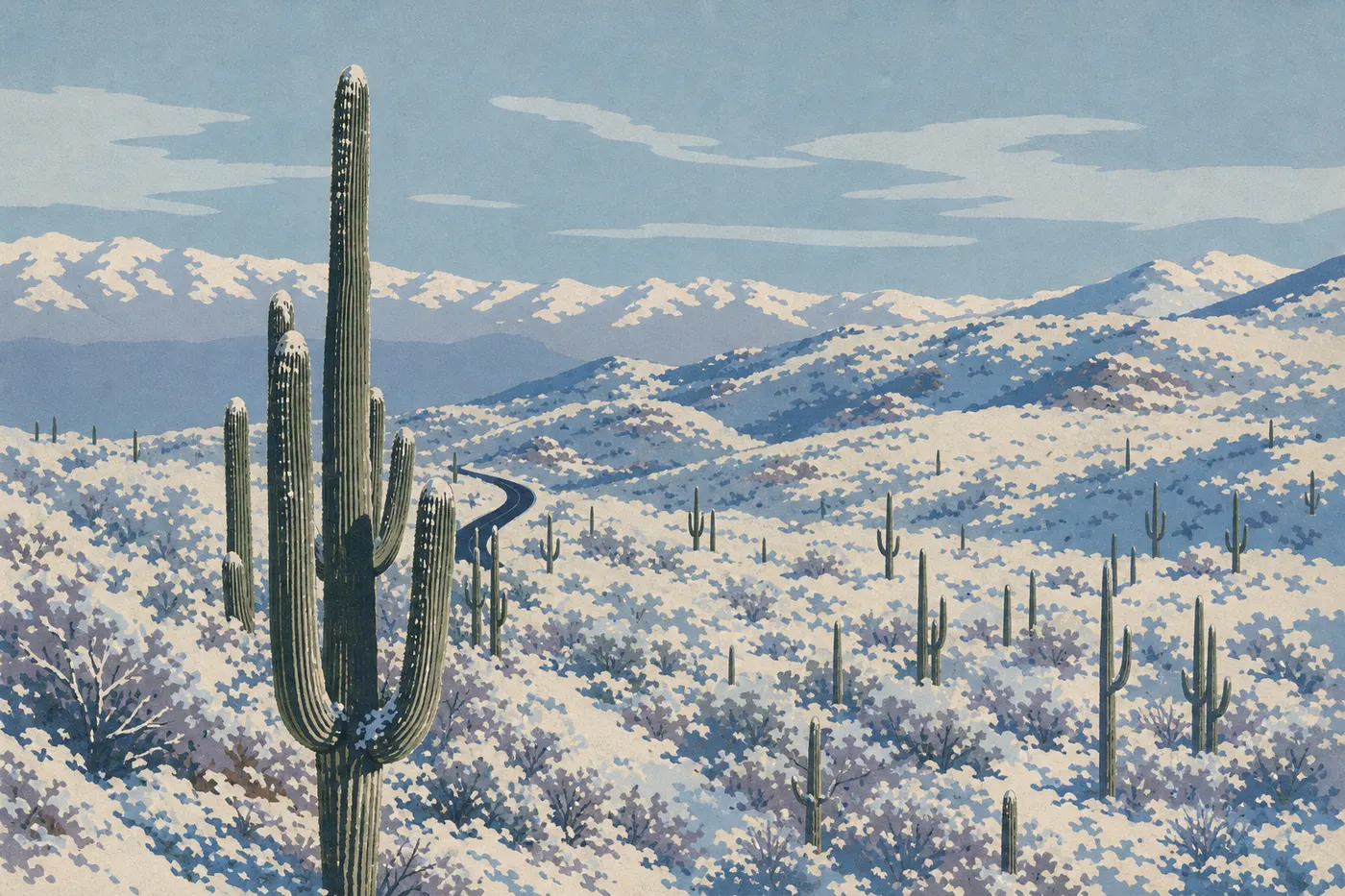 Screen-printed illustration: Unusually heavy snow dusts the saguaros and desert at the foot of the Rincon Mountains.