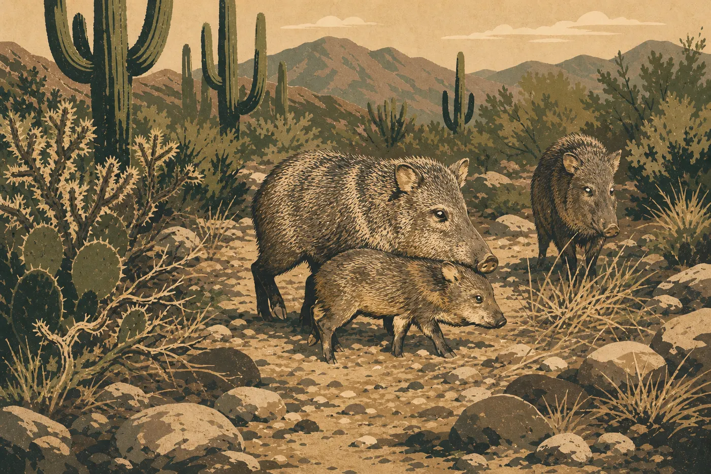 Illustration sérigraphiée : Un groupe de pécaris à collier traverse un wash pierreux entre chollas et saguaros.
