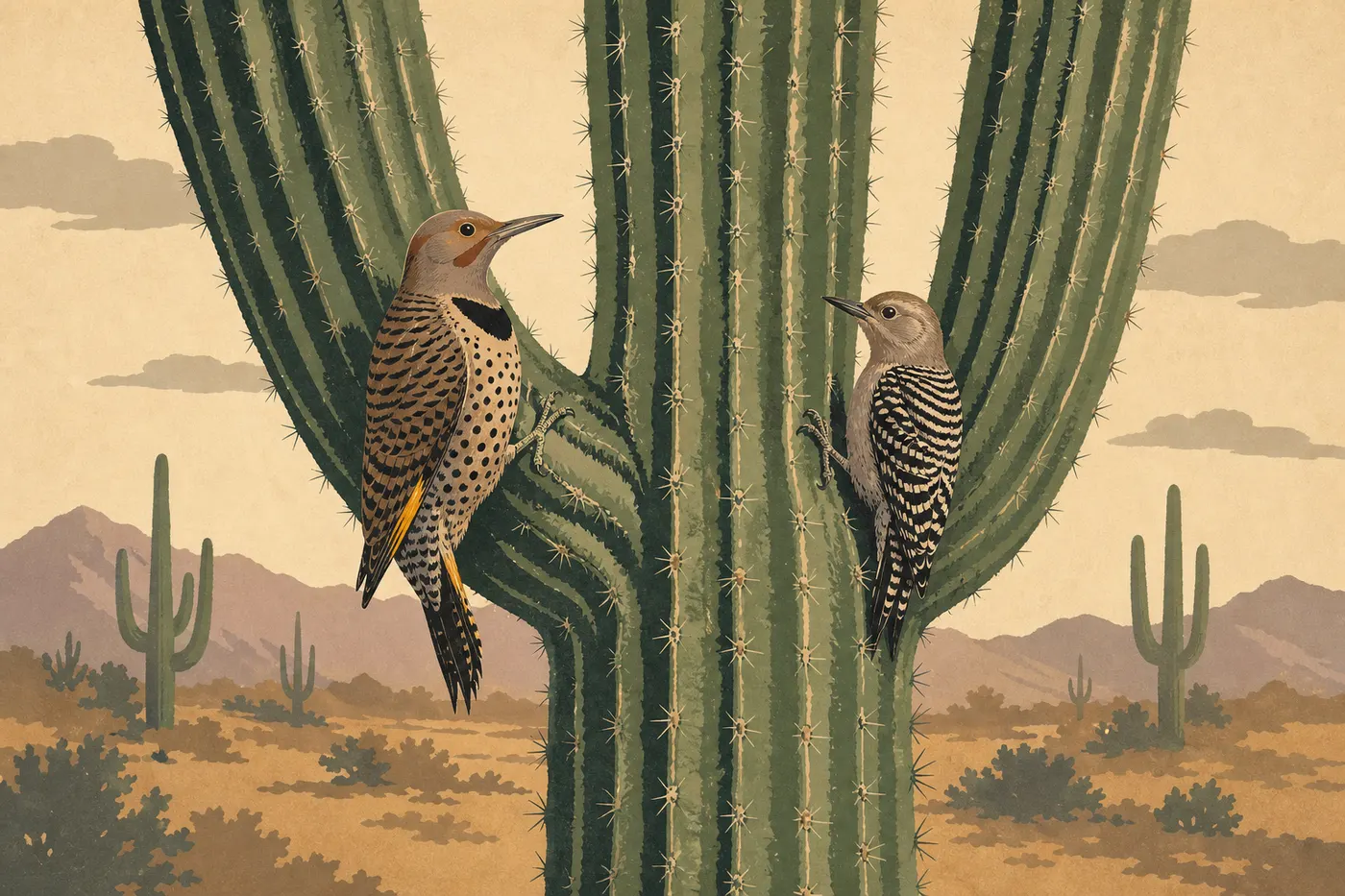 Illustration sérigraphiée : Un pic doré posé sur un saguaro montre son plumage face à un pic de Gila voisin.