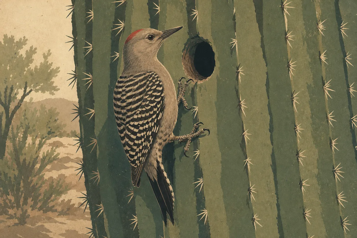 Illustration sérigraphiée : Un pic de Gila agrippé à un saguaro près de sa cavité de nidification.