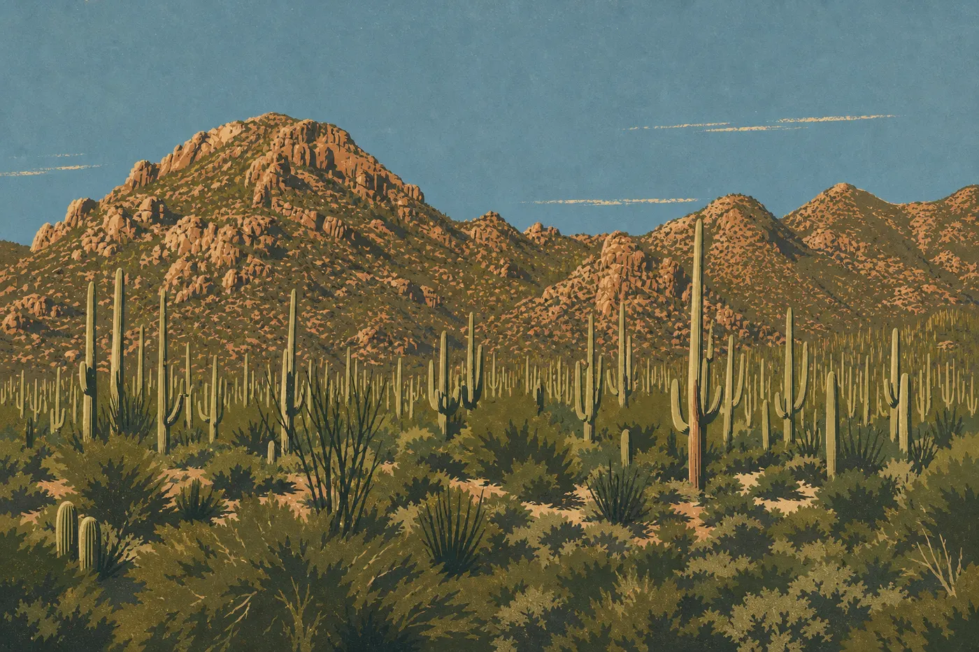 Illustration sérigraphiée : Les Rincon Mountains se dressent derrière la plaine hérissée de saguaros du district Est.