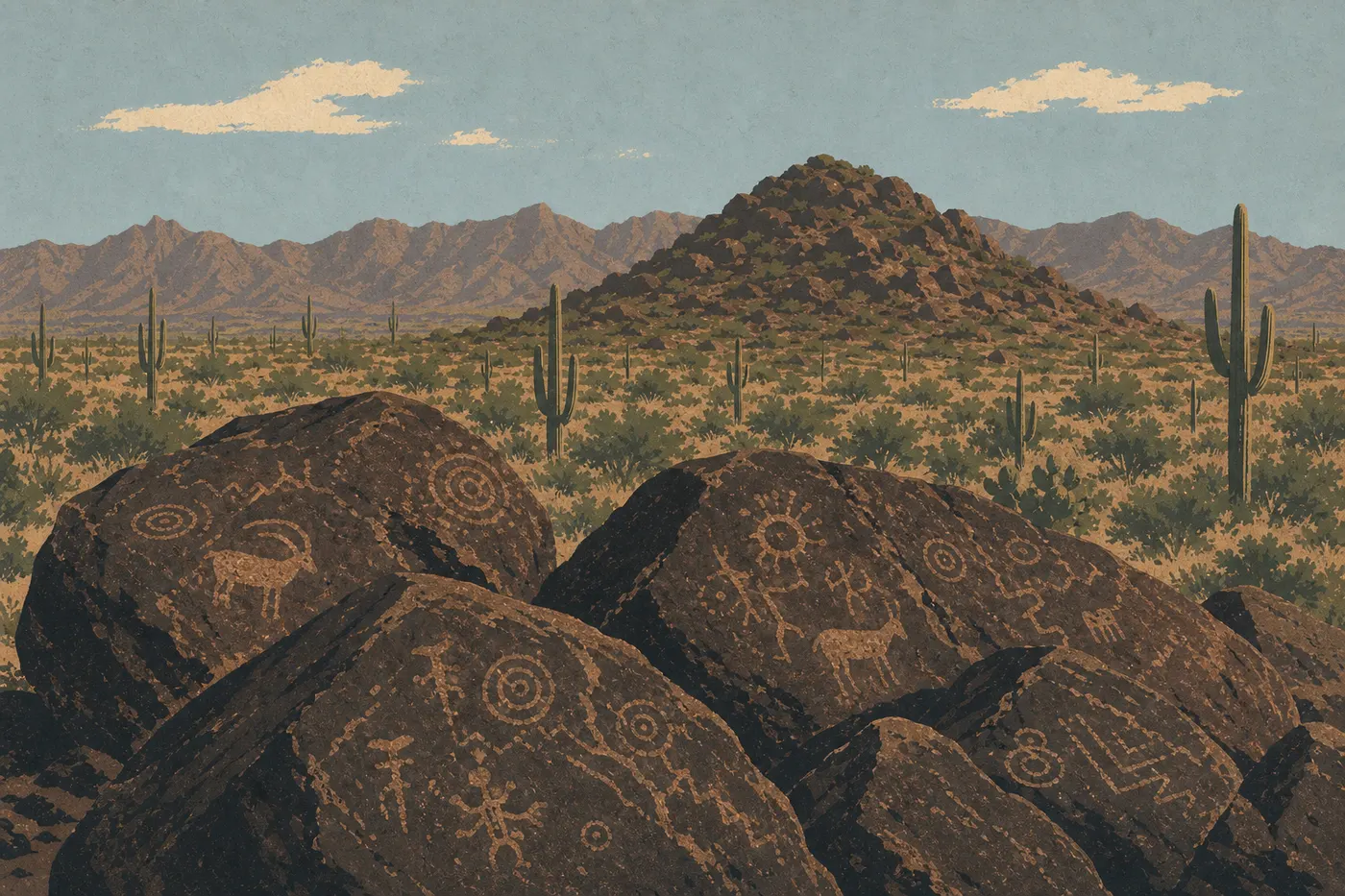 Illustration sérigraphiée : Les pétroglyphes hohokams de Signal Hill dominent une forêt dense de saguaros dans le district Ouest.