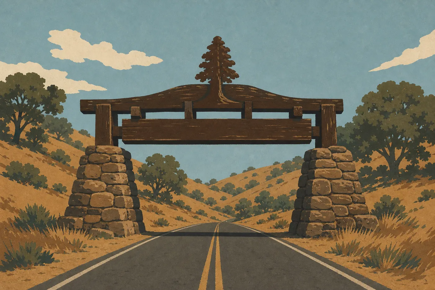 Illustration sérigraphiée : Portique historique d’Ash Mountain Entrance encadrant la route 198 et les collines sèches de Sequoia.