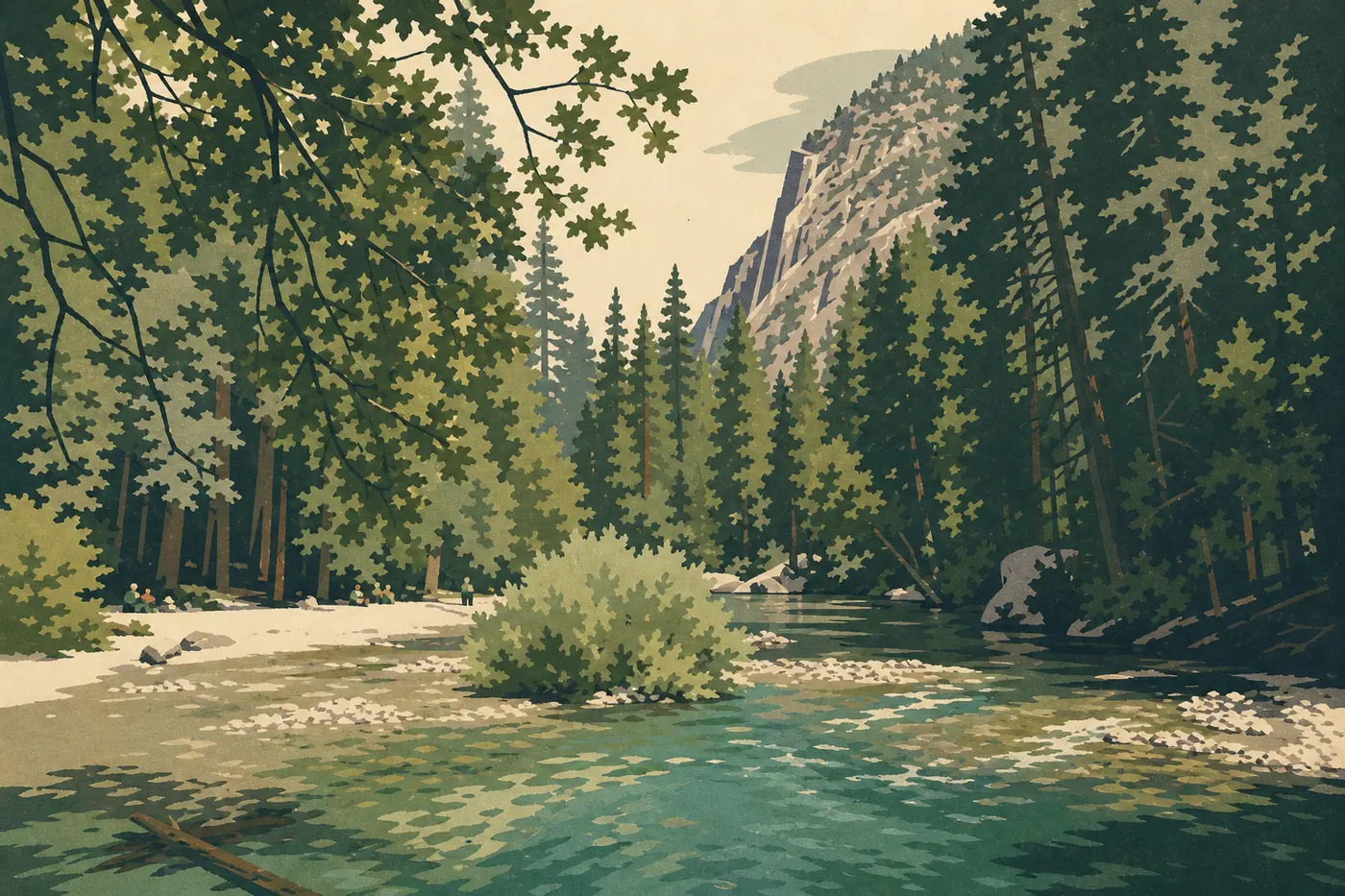Screen-printed illustration: The imposing cliffs of Kings Canyon frame the road and river near Cedar Grove.