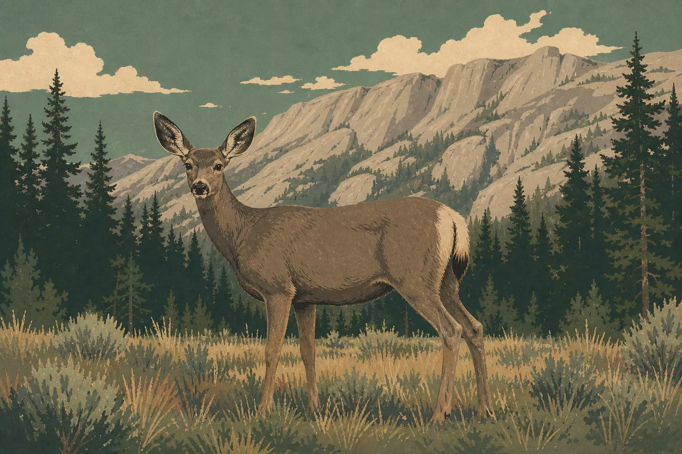 Illustration sérigraphiée : Cerf mulet dressé dans une prairie de montagne, avec pins et crêtes granitiques en arrière-plan.