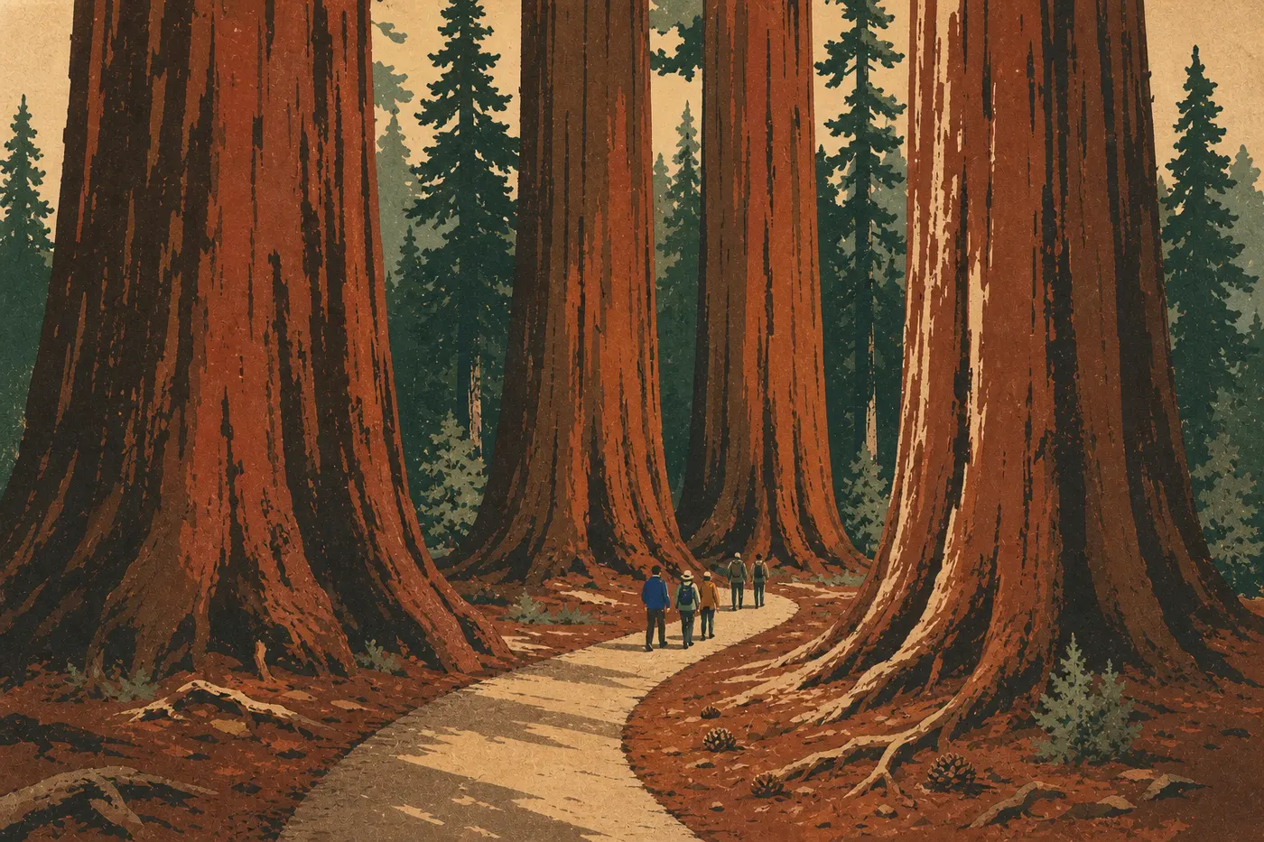 Illustration sérigraphiée : Randonneurs sur Congress Trail passant entre les troncs colossaux du Senate dans Giant Forest.