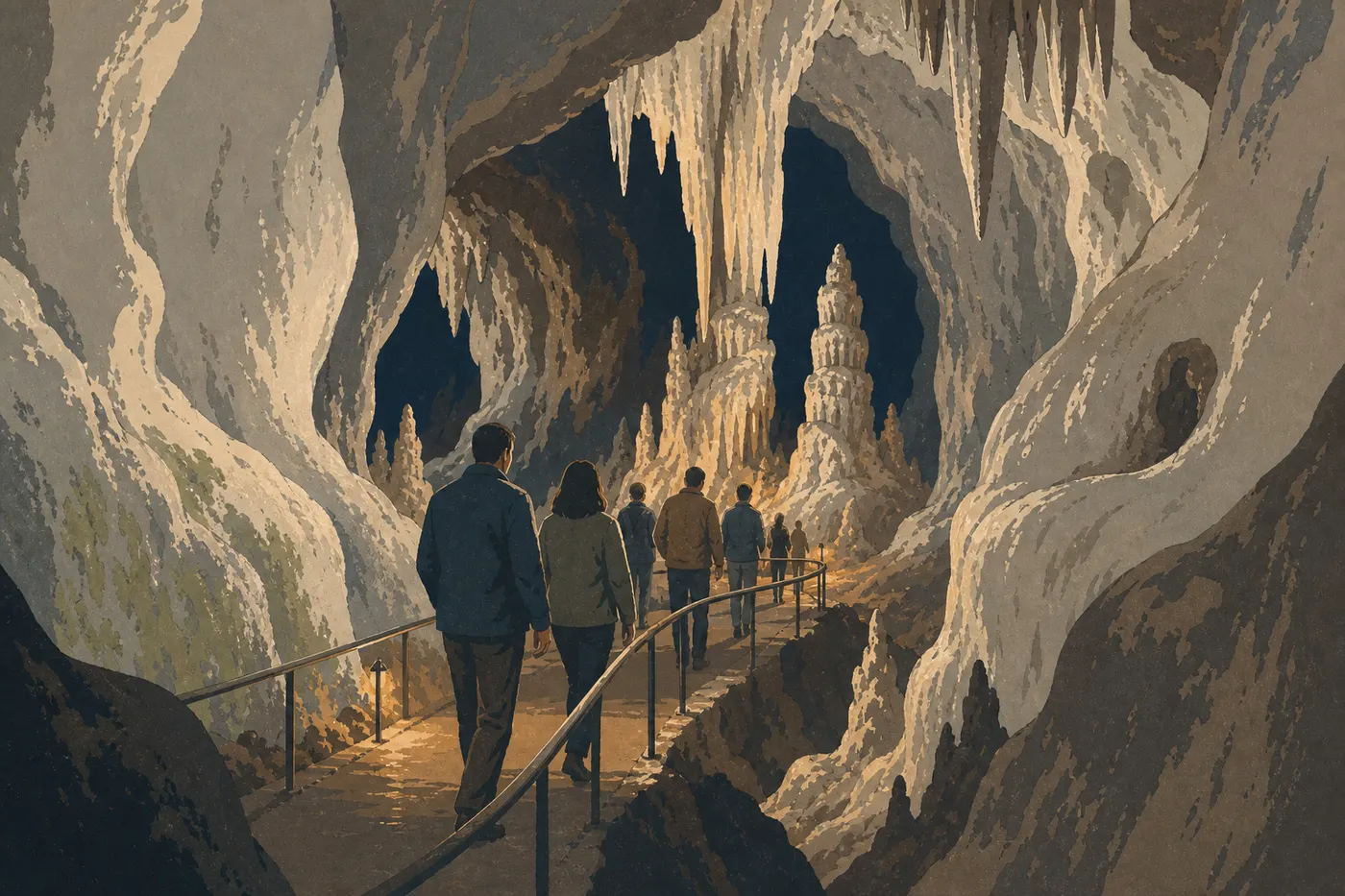 Screen-printed illustration: Visitors follow a guide among the stalactites and sculpted marble walls of Crystal Cave.