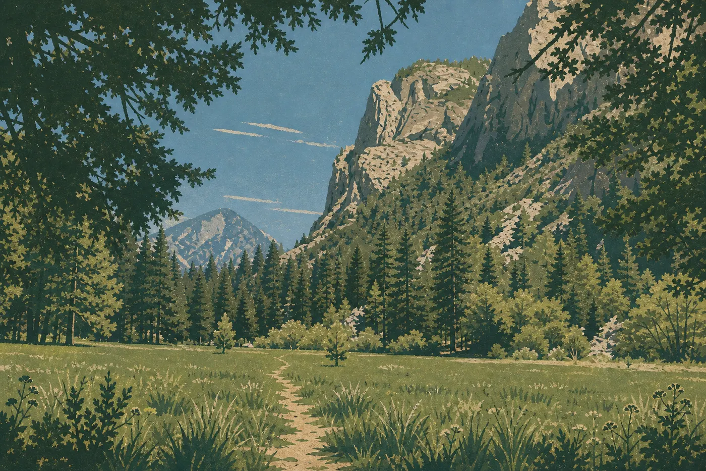 Screen-printed illustration: Lush Zumwalt Meadow and its trail beneath the summer cliffs of Kings Canyon.