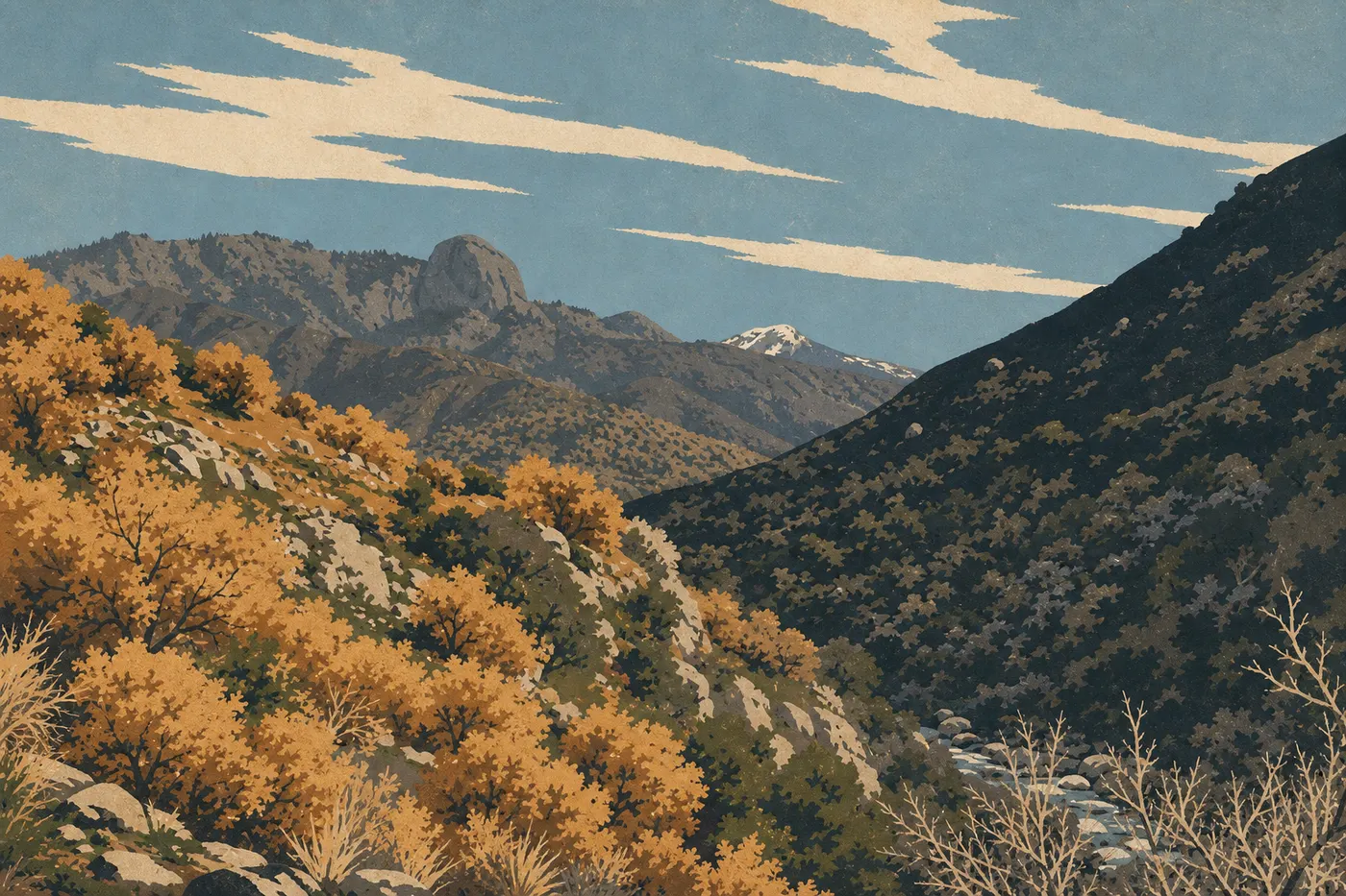 Screen-printed illustration: Golden hills, scattered oaks, and dry chaparral in the Foothills near the south entrance
