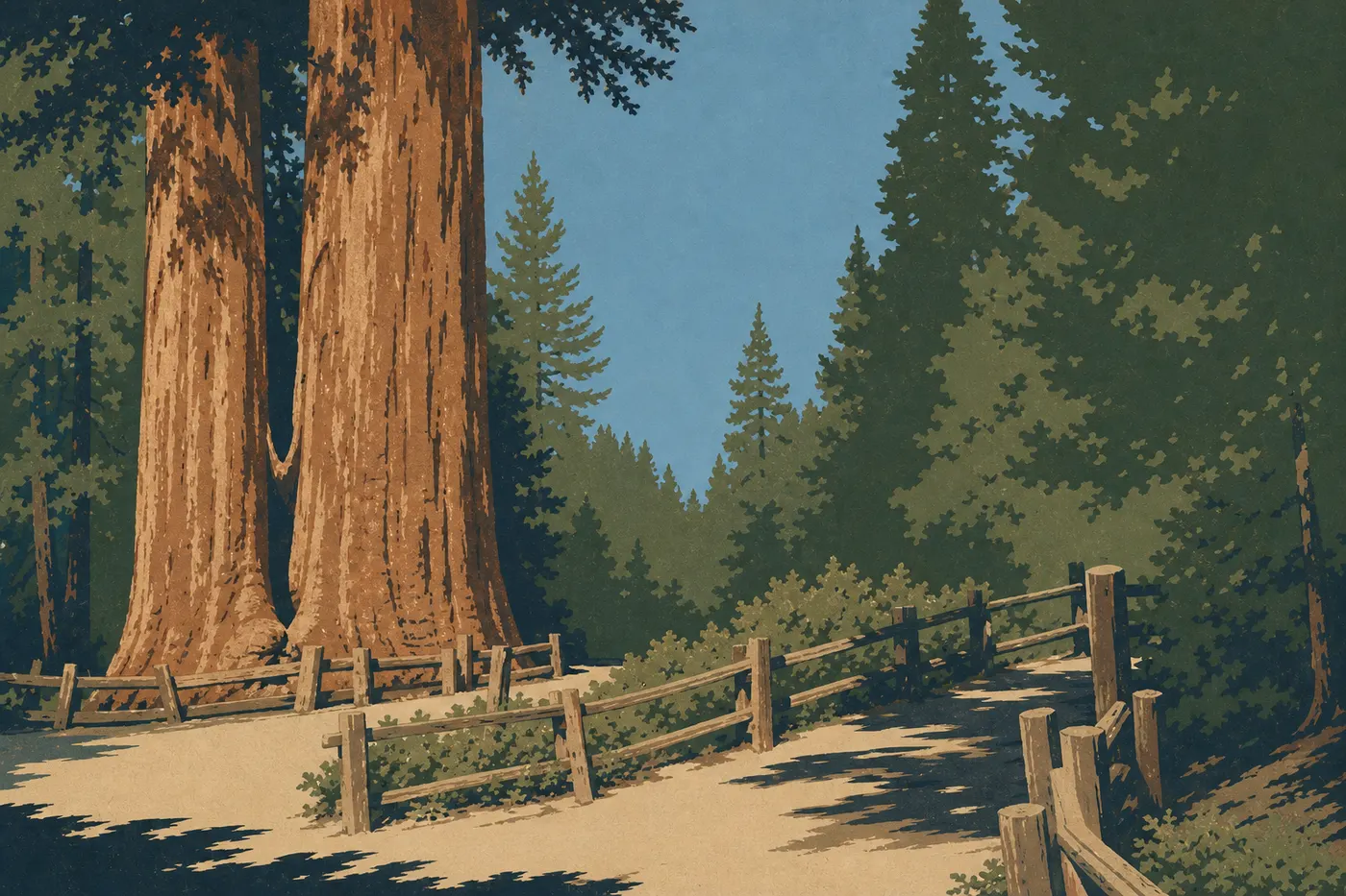 Screen-printed illustration: General Grant Tree seen from the paved trail, surrounded by the giant sequoias of Grant Grove.