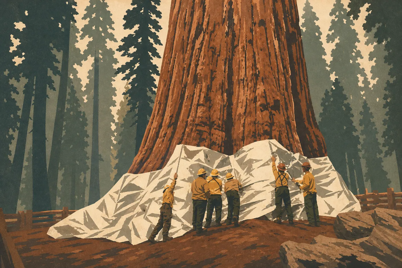 Illustration sérigraphiée : Contre-plongée sur le General Sherman dominant des visiteurs minuscules au cœur de Giant Forest.