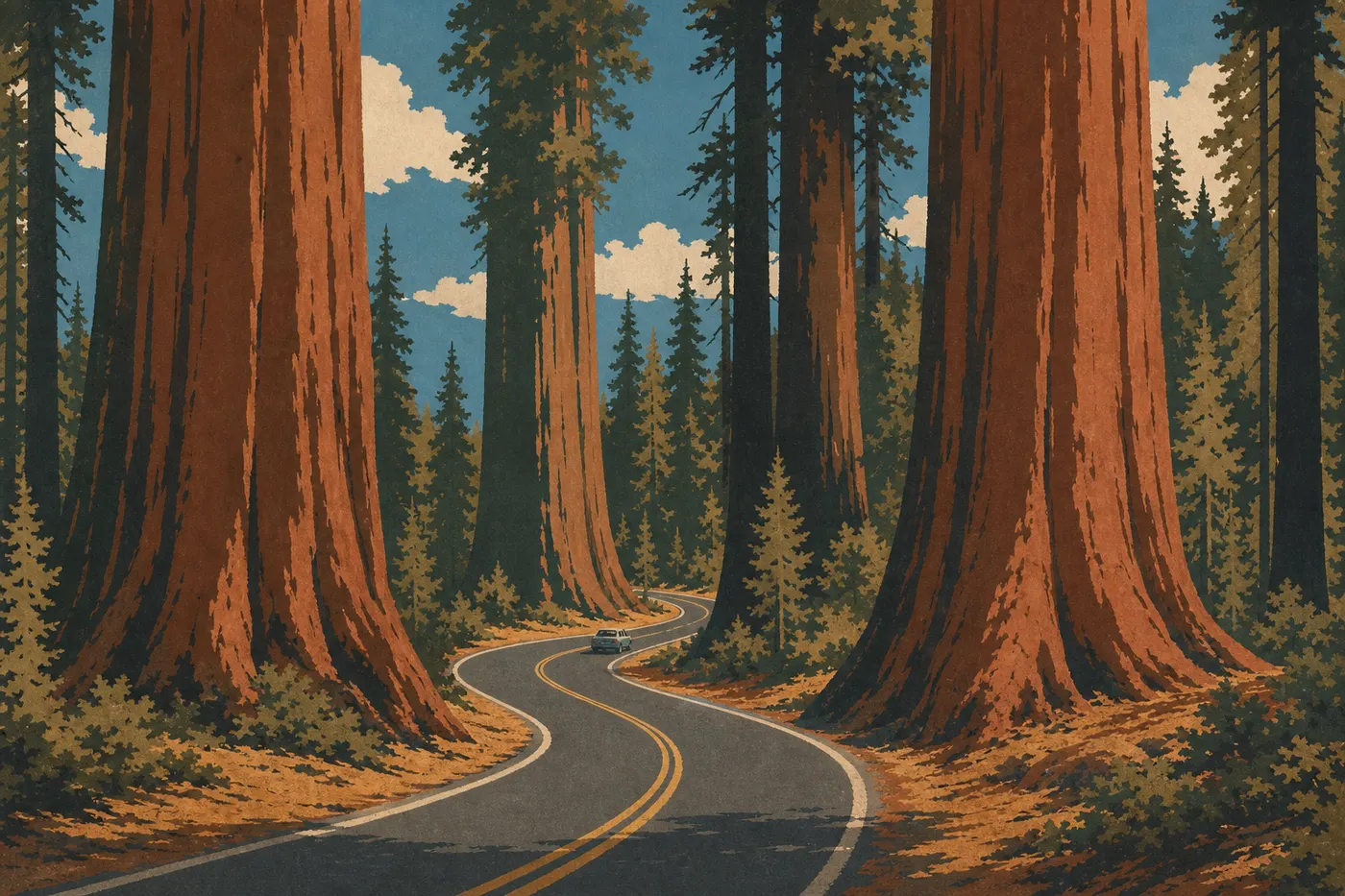 Illustration sérigraphiée : Generals Highway serpentant entre séquoias géants, avec automobile minuscule sous les troncs monumentaux.