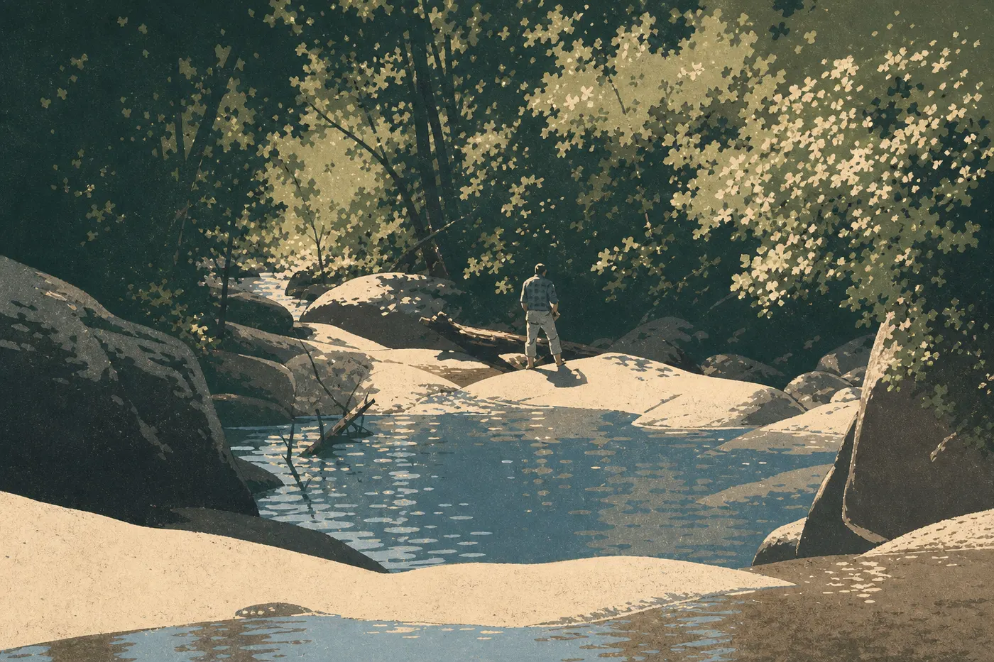 Illustration sérigraphiée : Baigneurs prudents au bord d’un bassin rocheux de la Kaweah River sous les Foothills.