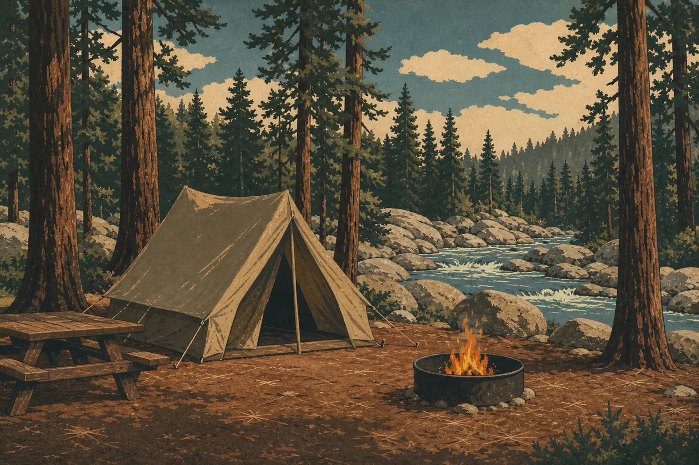 Illustration sérigraphiée : Tente et feu de camp installé sous les pins au bord de la Marble Fork à Lodgepole Campground.