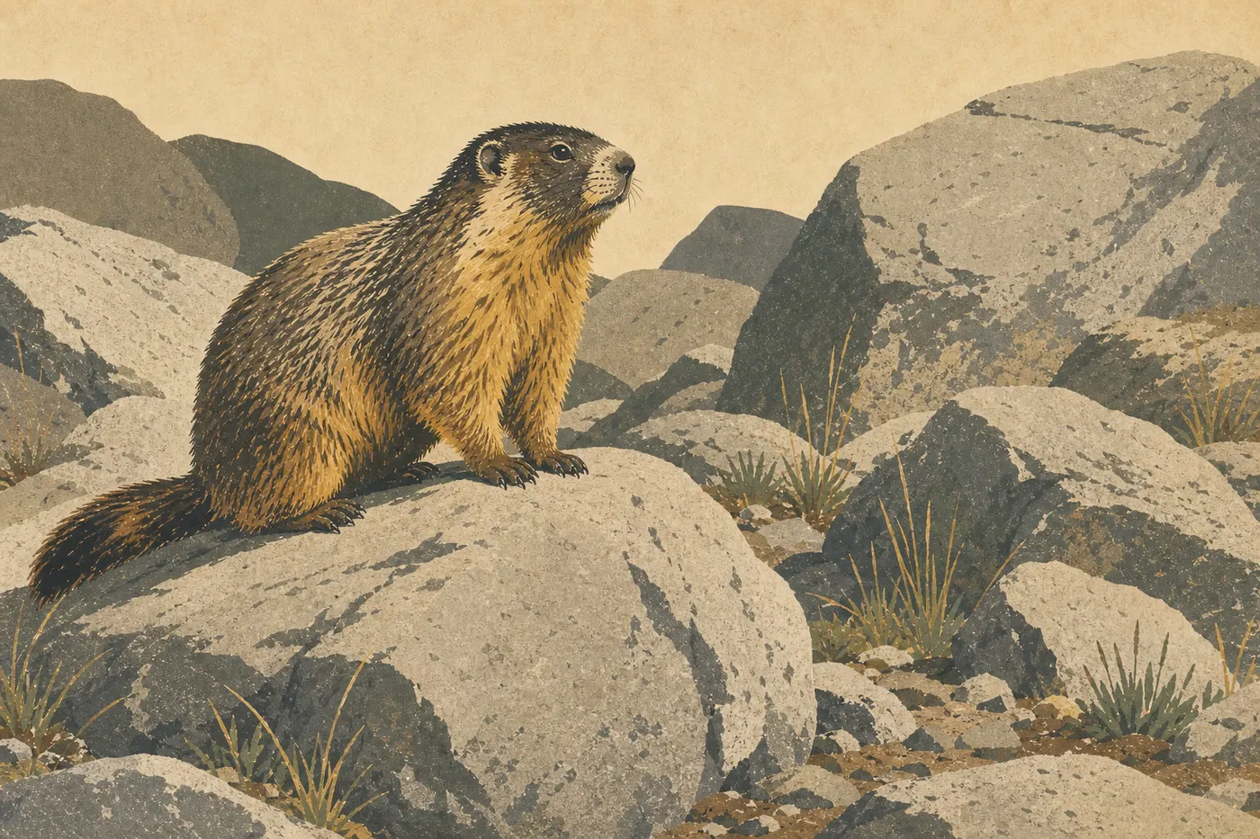 Illustration sérigraphiée : Marmotte à ventre jaune postée sur un rocher parmi les blocs granitiques de la High Sierra.