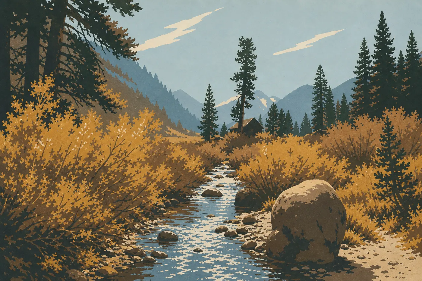 Screen-printed illustration: Mineral King's alpine valley, framed by granite peaks, conifers, and wildflower meadows.