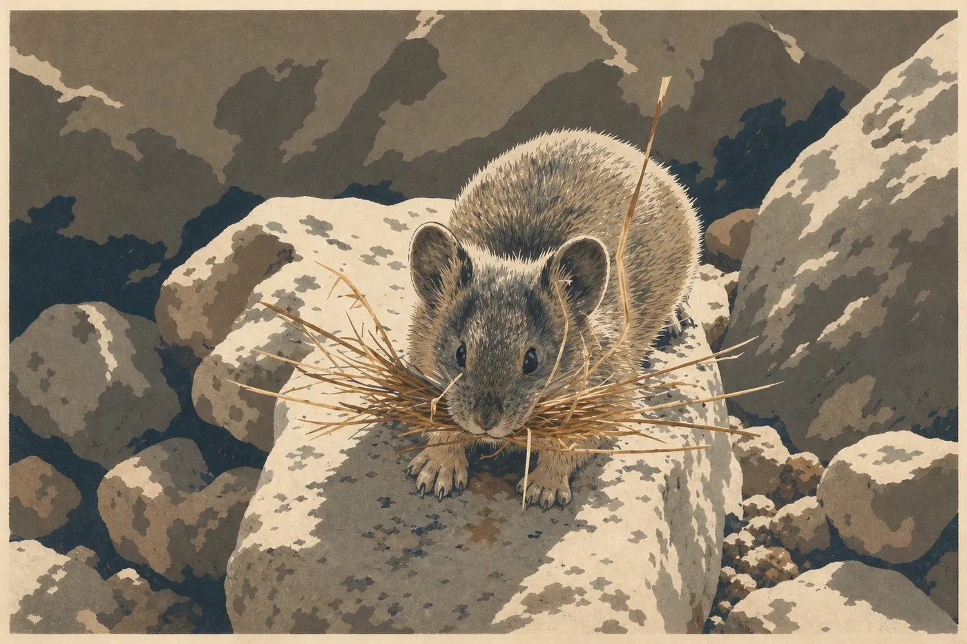 Illustration sérigraphiée : Pika d’Amérique tenant des herbes parmi les éboulis granitiques froids de la haute Sierra Nevada.