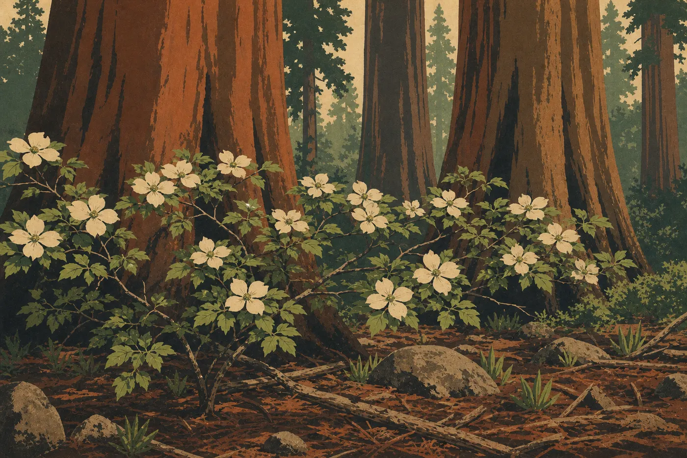 Screen-printed illustration: White dogwoods in bloom beneath the giant sequoias of Giant Forest in mid-spring.