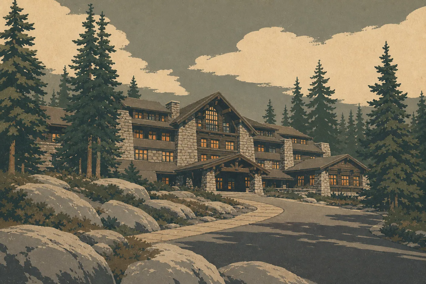 Illustration sérigraphiée : Façade en pierre de Wuksachi Lodge blottie parmi les conifères et les affleurements granitiques.