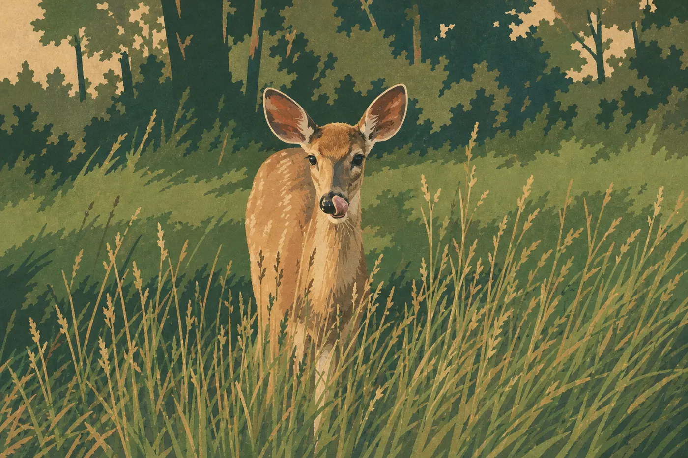 Illustration sérigraphiée : Cerf de Virginie broutant dans les hautes herbes de Big Meadows devant une lisière forestière