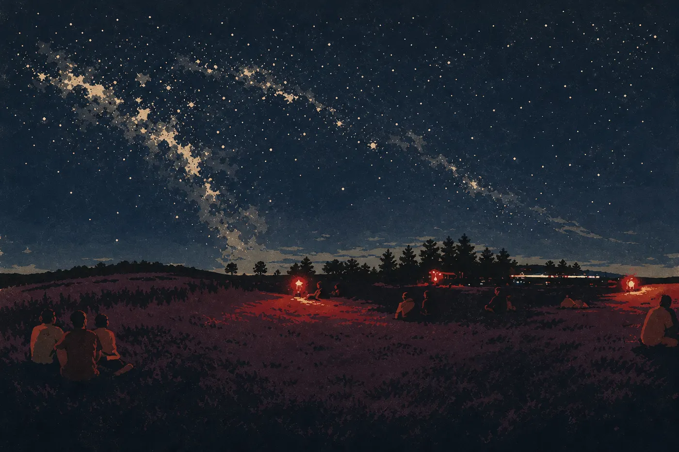 Illustration sérigraphiée : Voie lactée arquée au-dessus de Big Meadows avec silhouettes de conifères et prairie nocturne dégagée