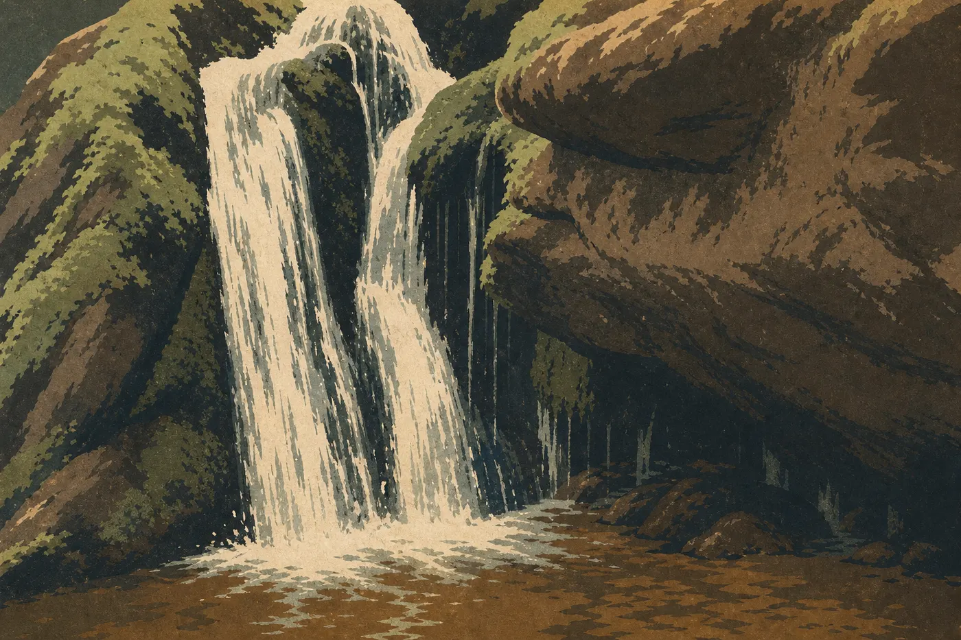 Screen-printed illustration: Dark Hollow Falls flowing between dark rocks and dense green foliage on a summer day.