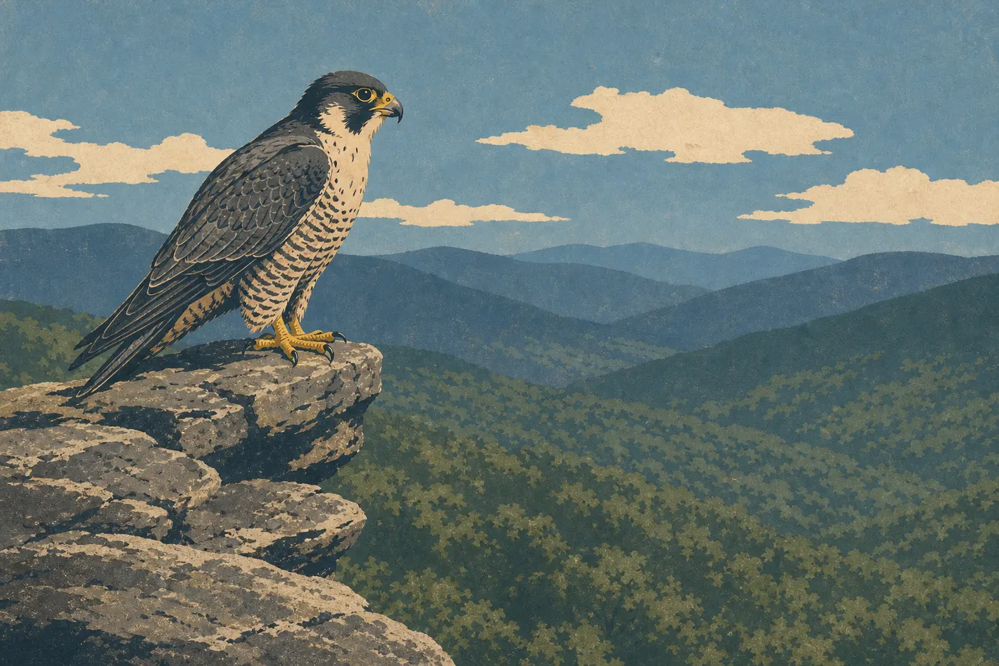 Illustration sérigraphiée : Faucon pèlerin posé sur une corniche rocheuse élevée face aux vallées et crêtes de Shenandoah